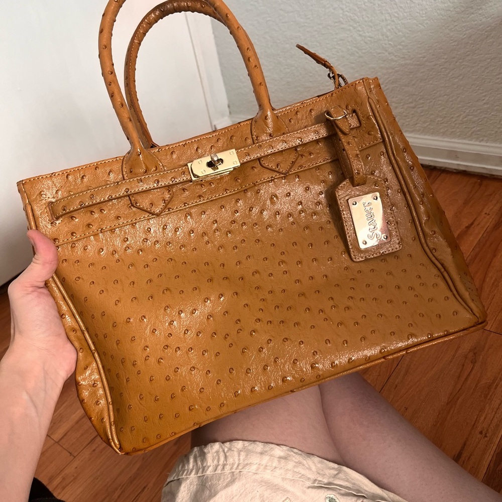 Chic Stauer Brown Ostrich Leather Shoulder Bag